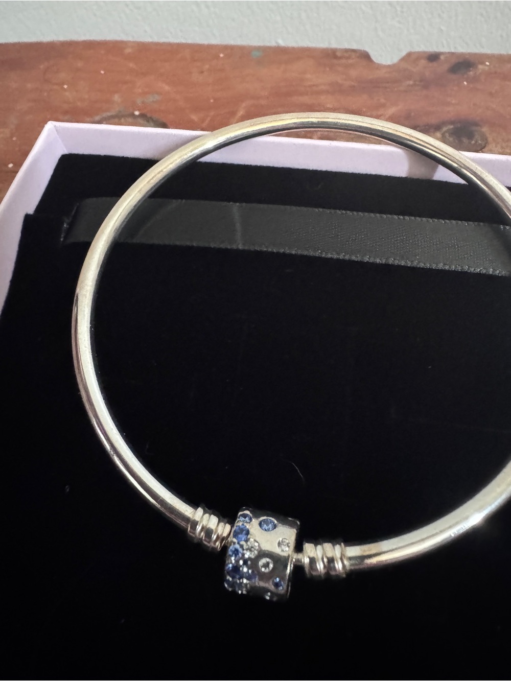 Pandora Silver Bangle with Blue Crystal Lock